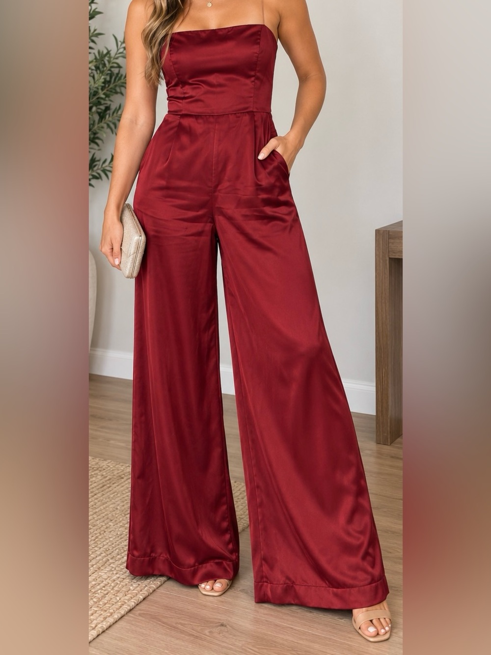 Express Satin Wide-Leg Jumpsuit Pants in Burgundy